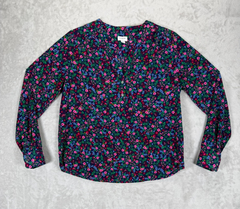 J.Crew Factory Floral Popover Blouse Sm Pink Blue Green Long Sleeve Lightweight